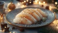 White Fish Sashimi Appetizer, Garnished and Plated for the Holidays, with Festive Bokeh Royalty Free Stock Photo