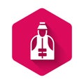 White Fisherman icon isolated with long shadow. Pink hexagon button. Vector