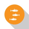 White Fishes icon isolated on white background. Orange circle button. Vector.