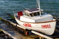 White fishing boat at the harbor of Pomorie, Bulgaria