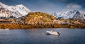 White fishing boat in Steine port on Vestvagoy island, Norway, Europe. Royalty Free Stock Photo