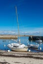 White fishing boats sea shore beach and berth Hoedic island, France, Atlantic ocean Royalty Free Stock Photo