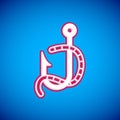 White Fishing hook and worm icon isolated on blue background. Fishing tackle. Vector Royalty Free Stock Photo