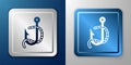 White Fishing hook and worm icon isolated on blue and grey background. Fishing tackle. Silver and blue square button Royalty Free Stock Photo