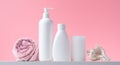 White flacon, soap dispenser and other accessories for personal hygiene. Plastic container, set of shower cosmetics, toiletries in