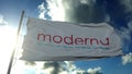 White flag with Moderna logo waving in the wind. Moderna is an american pharmaceutical company that has