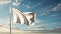 White flag waving in the wind with birds flying in the background sky view Royalty Free Stock Photo