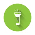 White Flashlight icon isolated with long shadow background. Green circle button. Vector Royalty Free Stock Photo