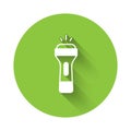White Flashlight icon isolated with long shadow background. Green circle button. Vector Royalty Free Stock Photo