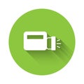 White Flashlight icon isolated with long shadow background. Green circle button. Vector Royalty Free Stock Photo