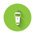 White Flashlight icon isolated with long shadow background. Green circle button. Vector Royalty Free Stock Photo