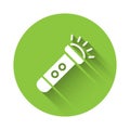 White Flashlight icon isolated with long shadow. Green circle button. Vector Royalty Free Stock Photo