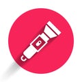 White Flashlight icon isolated with long shadow. Red circle button. Vector Royalty Free Stock Photo