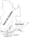 White tagged map of regions of QUEBEC, CANADA