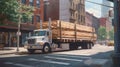 A White Flatbed Truck Carrying Large Wooden Beams On A City Street. Generative AI Royalty Free Stock Photo