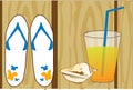 White flip-flops, a seashell and a glass of orange juice on wooden background Royalty Free Stock Photo