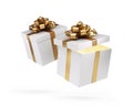 White floating gift boxes with golden bows Royalty Free Stock Photo