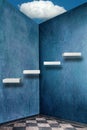 White floating stairs in grunge blue room and tiled floor with sky and white cloud above