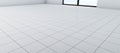 White floor with ceramic tiles in perspective. A room with a window on the floor with clean white glossy tile with