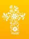 White floral Christianity cross on yellow background.