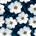 White Floral Seamless Pattern With Blue Leaves