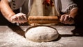 White flour flying into air as pastry chef in white suit slams ball dough on white powder covered table. concept of nature, Italy Royalty Free Stock Photo