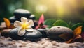 White flower black pebble stones and bokeh blurred green nature background spa environment Generative AI Illustration