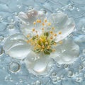 White Flower Blossom Floating On Water With Silver And Azure Crystal Clear Bubbles, Spring Macro Royalty Free Stock Photo
