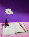 A white flower, a bottle with an eyedropper and a notebook on the background of a purple wall.