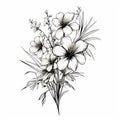 Elegant Tropical Symbolism: Detailed White Flower Drawing On White Background