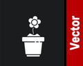 White Flower in pot icon isolated on black background. Plant growing in a pot. Potted plant sign. Vector Illustration Royalty Free Stock Photo