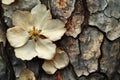 White Flower Rests on Rough Tree Bark, Close-Up View with Nature Textures Royalty Free Stock Photo