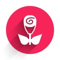 White Flower rose icon isolated with long shadow background. Red circle button. Vector Royalty Free Stock Photo