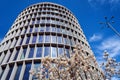 White flowers blooming on the tree in front of the modernist building in the shape of a cylinder