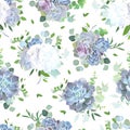 White flowers and blue, lilac succulents seamless vector design