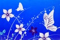 White flowers and butterflies drawn on blue background