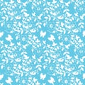 White flowers and butterflies seamless pattern with sky blue background