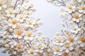 White flowers on a white fabric background with copy space. Floral embroidery background. Close-up top view. Generative AI Royalty Free Stock Photo