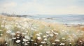 Nostalgic Coastal Landscape: Grass, Flowers, And Ocean