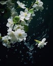 White flowers with green leaves raindrops on a dark background. Flowering flowers, a symbol of spring, new life Royalty Free Stock Photo