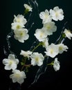 White flowers with green leaves raindrops on a dark background. Flowering flowers, a symbol of spring, new life Royalty Free Stock Photo