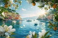 White flowers, orange tree, flowers, in the back luxury yachts sailing on the lake. Flowering flowers, a symbol of spring, new