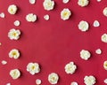 White flowers roses and white heart petals on a red paper background.