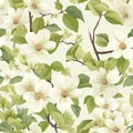 White flowers seamless pattern.Flowers on tree wallpaper. For fabric design. Created with generative AI tools Royalty Free Stock Photo