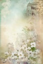 White flowers on sepia background with castle. Watercolor backdrope in pastel tones. Generative AI