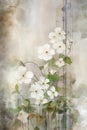 White flowers on sepia background. Watercolor backdrope in pastel tones. Generative AI