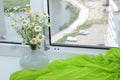 White flowers in a white vase on a white window-sill with bright green fabric and an open white window and street view with a rive