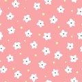 White flowers and yellow dots on pink background. Floral seamless pattern.