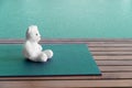 White fluffy bear on blue green yoga map at wood terrace with water lake nature in well being concept Royalty Free Stock Photo