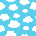 White fluffy cartoon clouds seamless pattern on light blue sky background. Vector EPS 10 illustration for kids fabric or Royalty Free Stock Photo